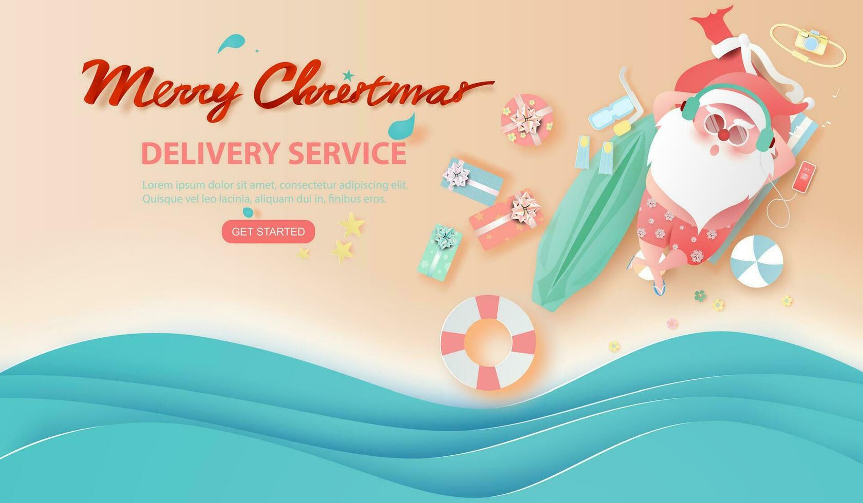 zomer de kerstman claus Kerstmis dag juli.levering onderhoud concept schattig tekenfilm karakter voor Kerstmis ontwerp Aan zee Golf water background.creative papier besnoeiing en ambacht stijl.web minimaal vector illustratie