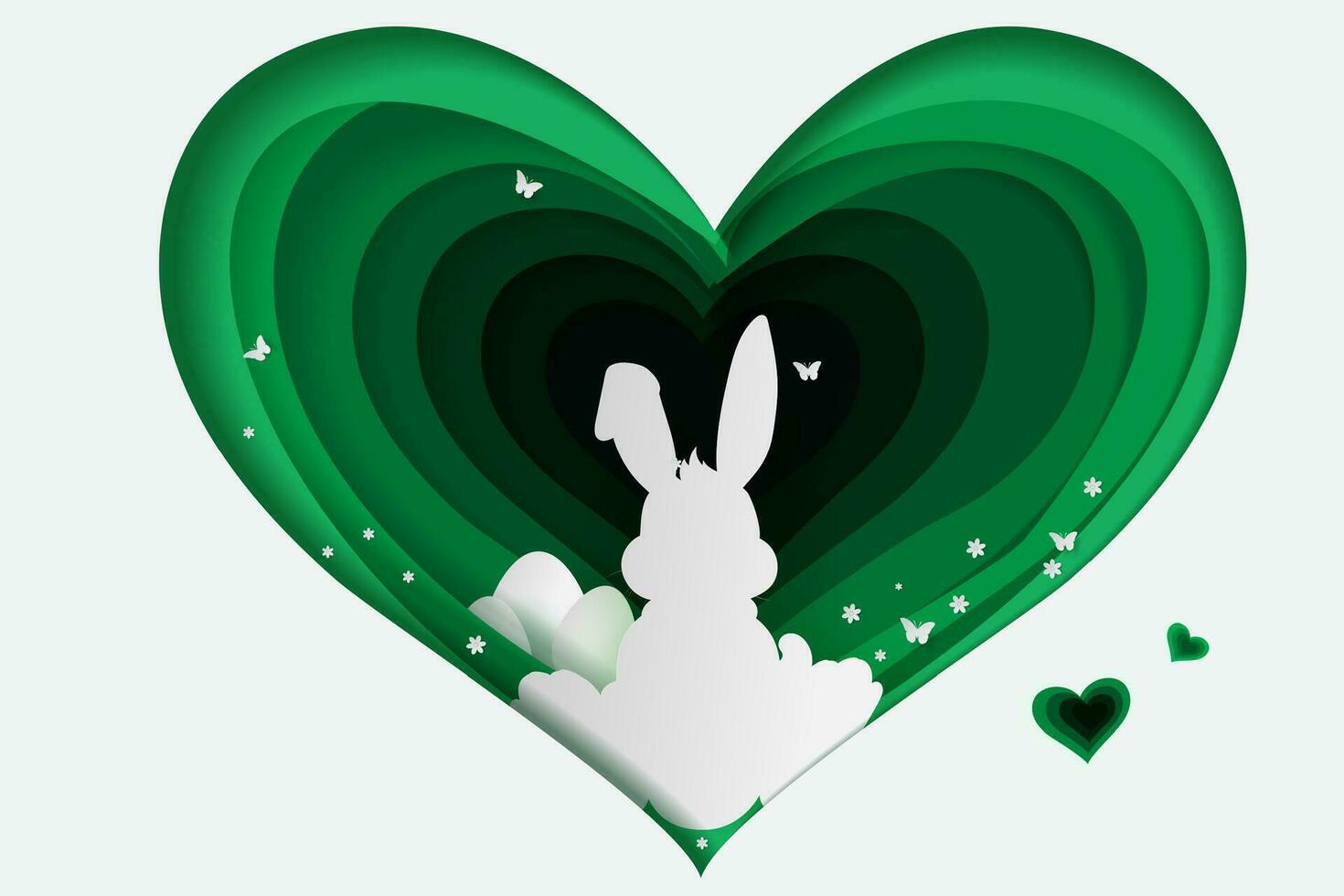element minimaal vakantie konijn voor hart.blij Pasen dag eieren in groen gras met wit bloemen.vlinders vlieg lucht.creatief papier besnoeiing en ambacht stijl idee kaart achtergrond.vorm kromme konijn.eco vector