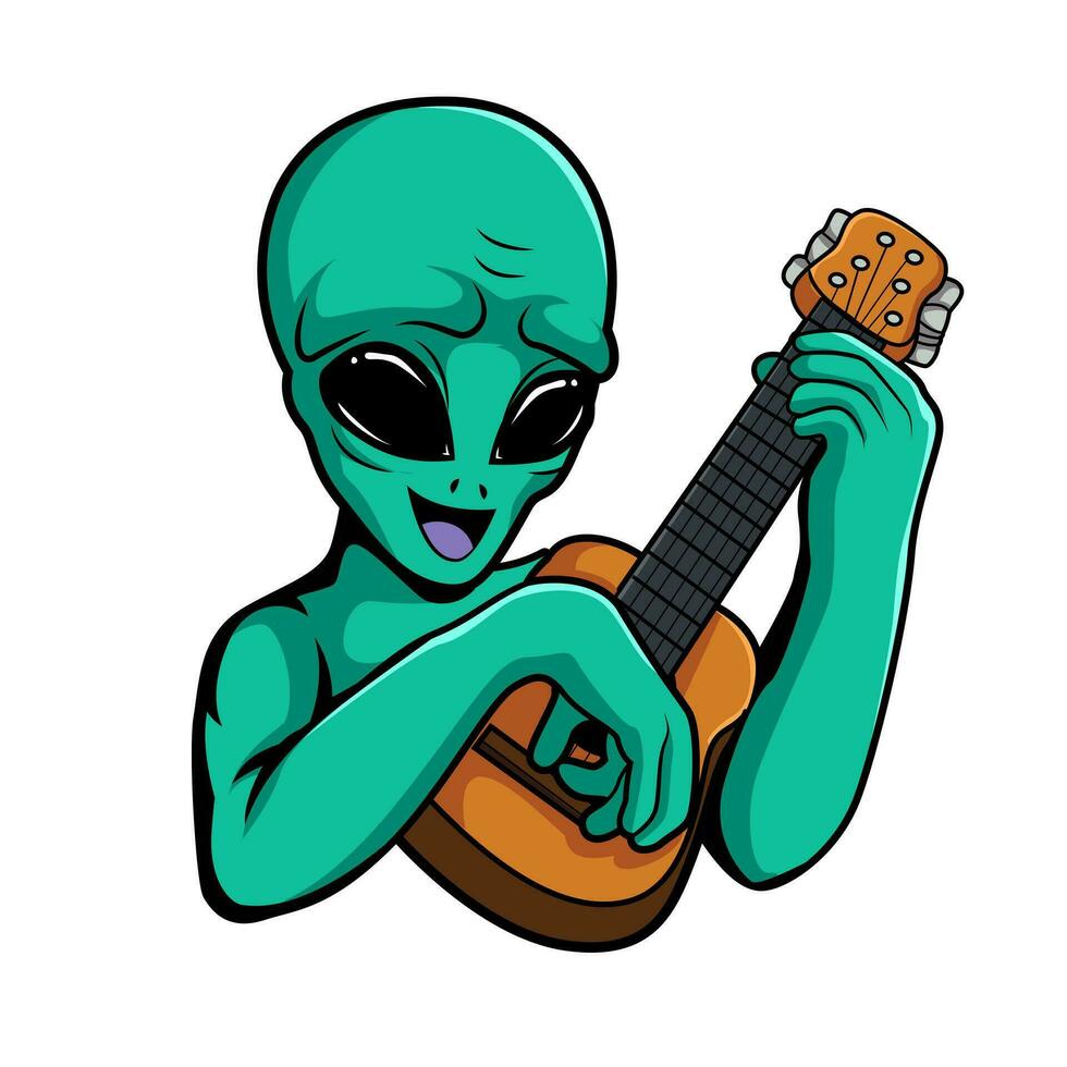schattig tekenfilm buitenaards wezen spelen Mexicaans gitaar. vector