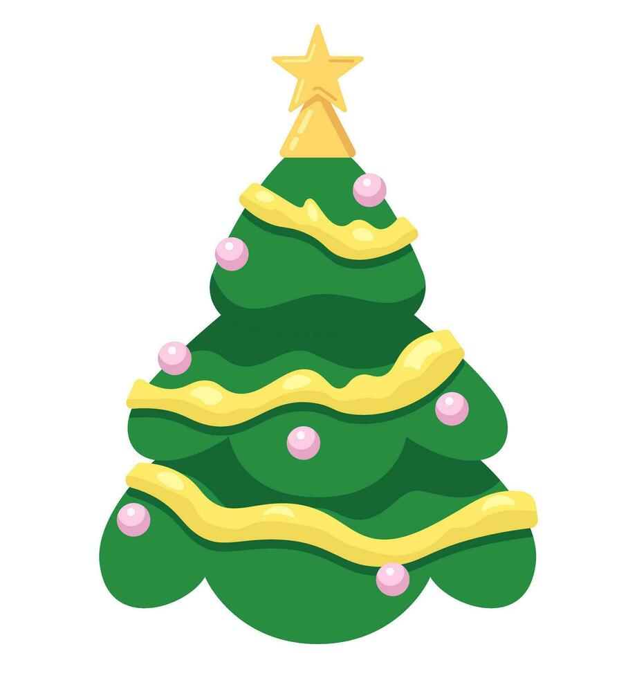 ster Kerstmis boom versierd klatergoud 2d tekenfilm voorwerp. klassiek kerstballen, slingers Kerstmis pijnboom boom geïsoleerd vector item wit achtergrond. Kerstmis geest accessoires kleur vlak plek illustratie