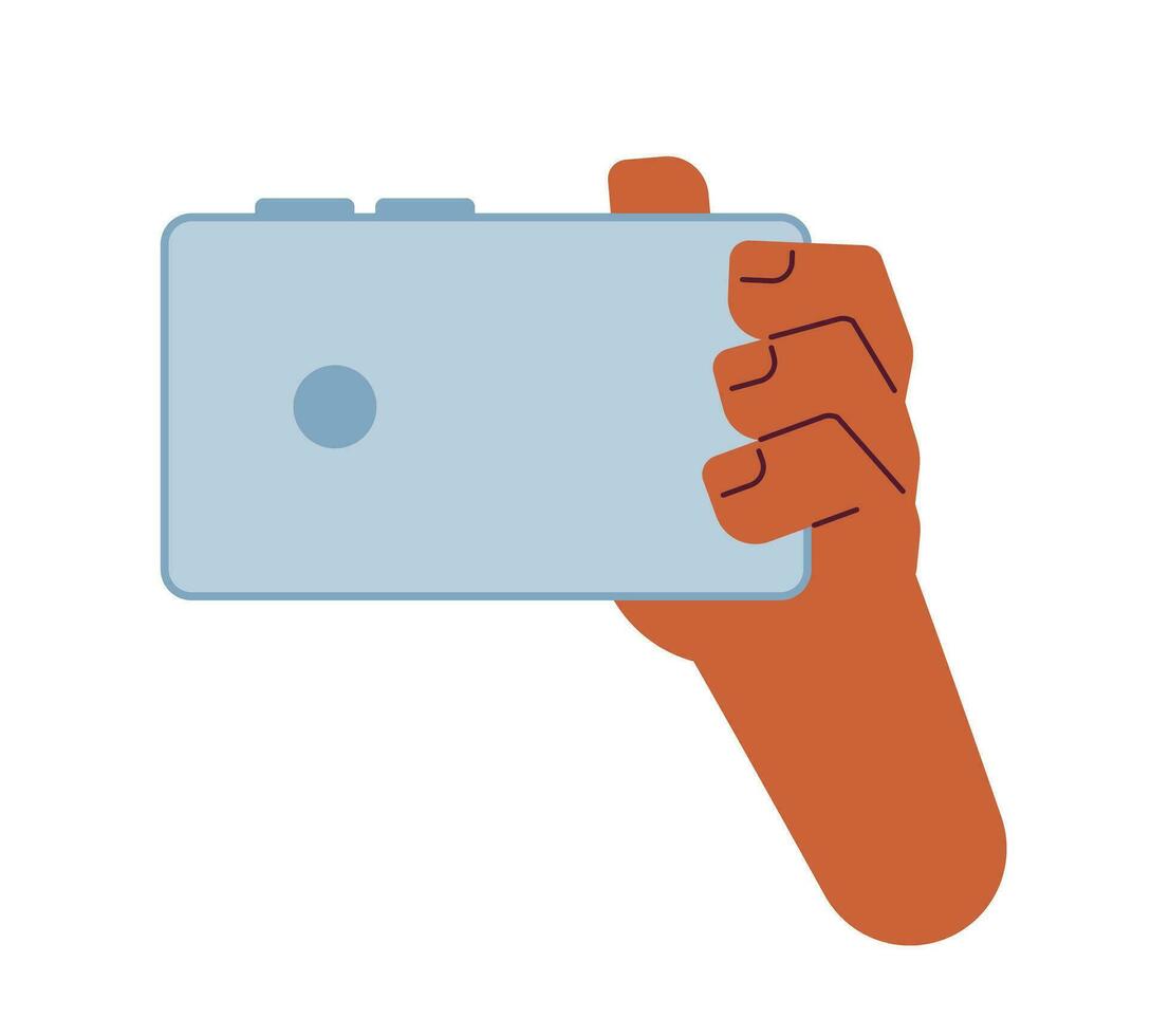 Holding smartphone semi vlak kleur vector hand. nemen foto. bewerkbare tekenfilm klem kunst icoon Aan wit achtergrond. gemakkelijk plek illustratie voor web grafisch ontwerp