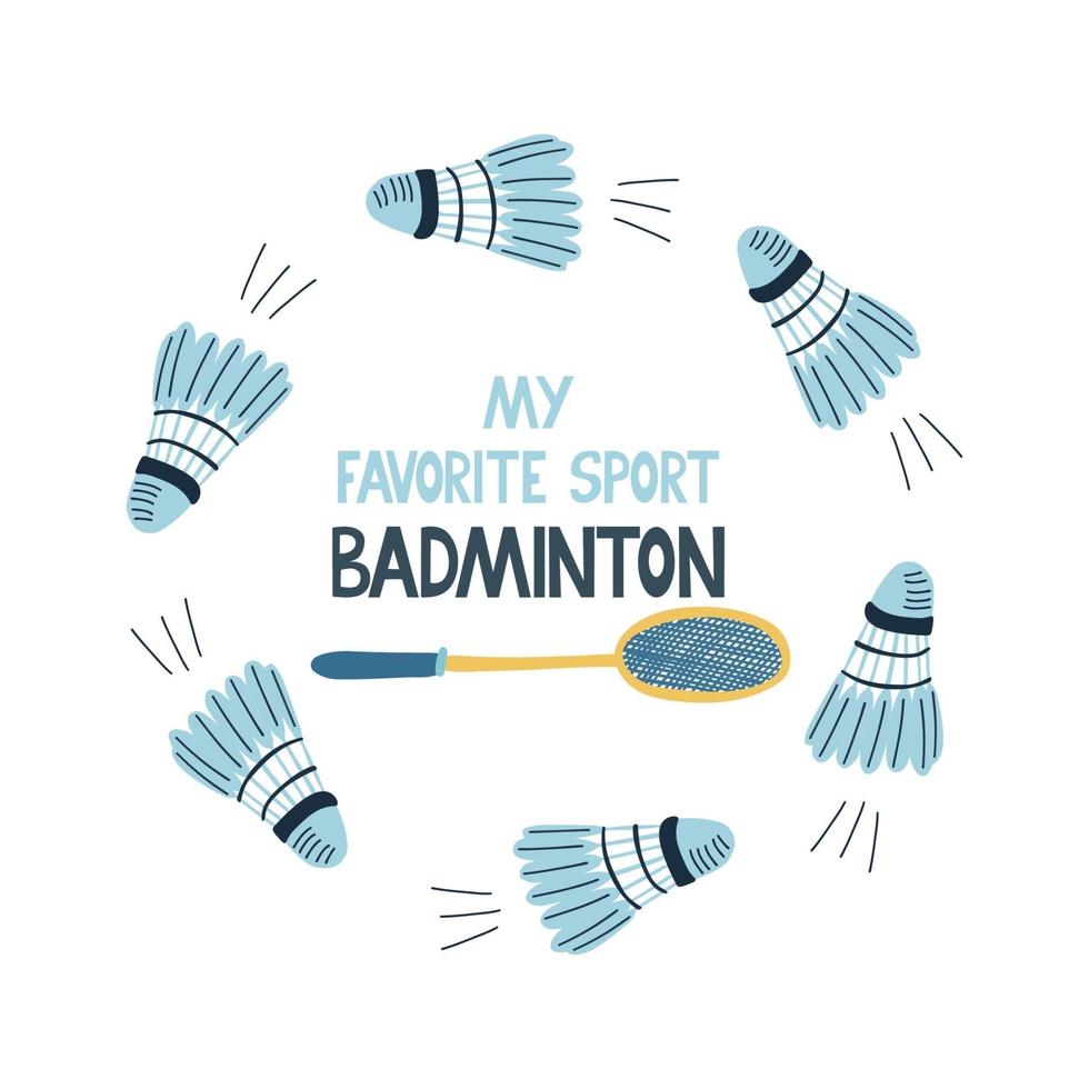 badminton. mijn favoriete sportbelettering met ronde shuttles frame vector