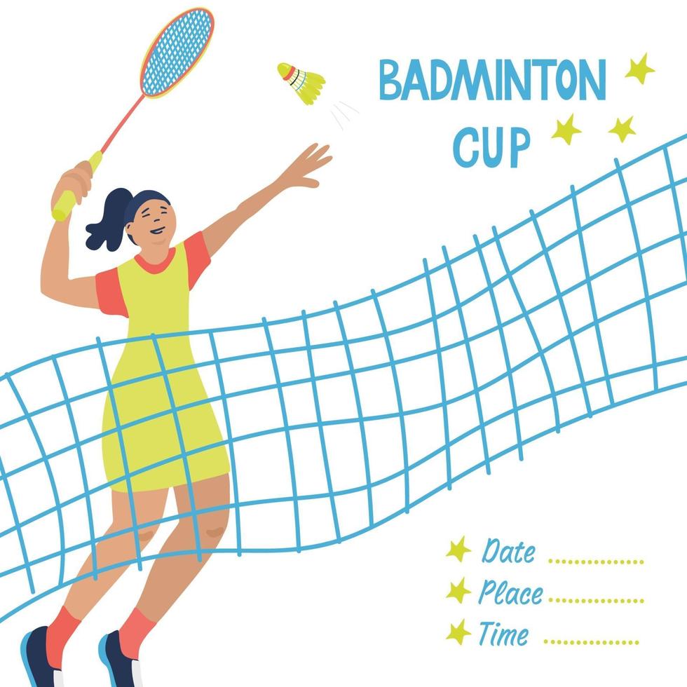 enkelspel badminton. sportposter met een net en een speler. vector