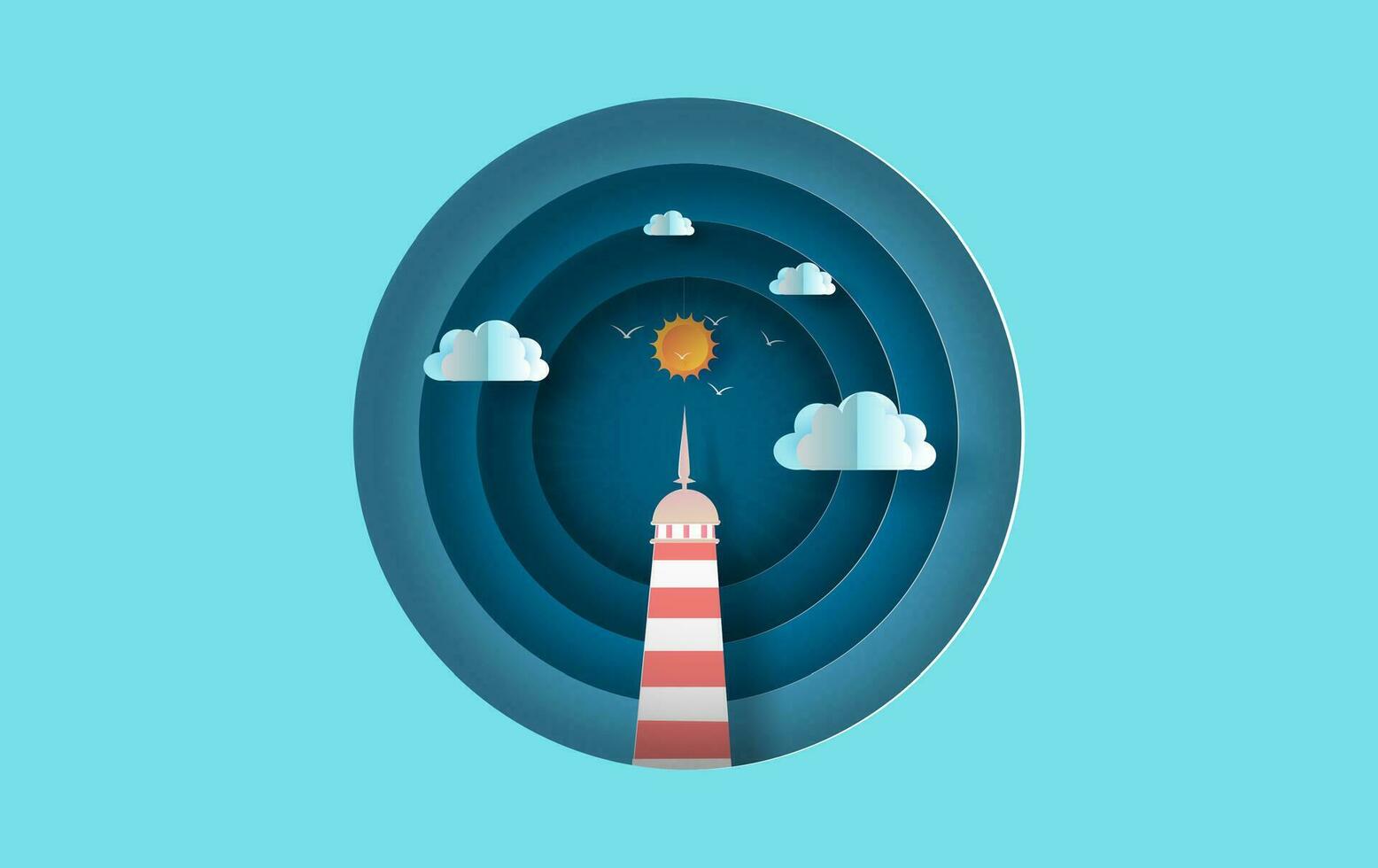 3d illustratie van eiland met vuurtoren Aan zee visie zonlicht blauw lucht cirkel begrip, heet zomer tijd seizoen grafisch ontwerp gemakkelijk cirkel kust landschap, papier ambacht en besnoeiing idee, vector kunst. eps10