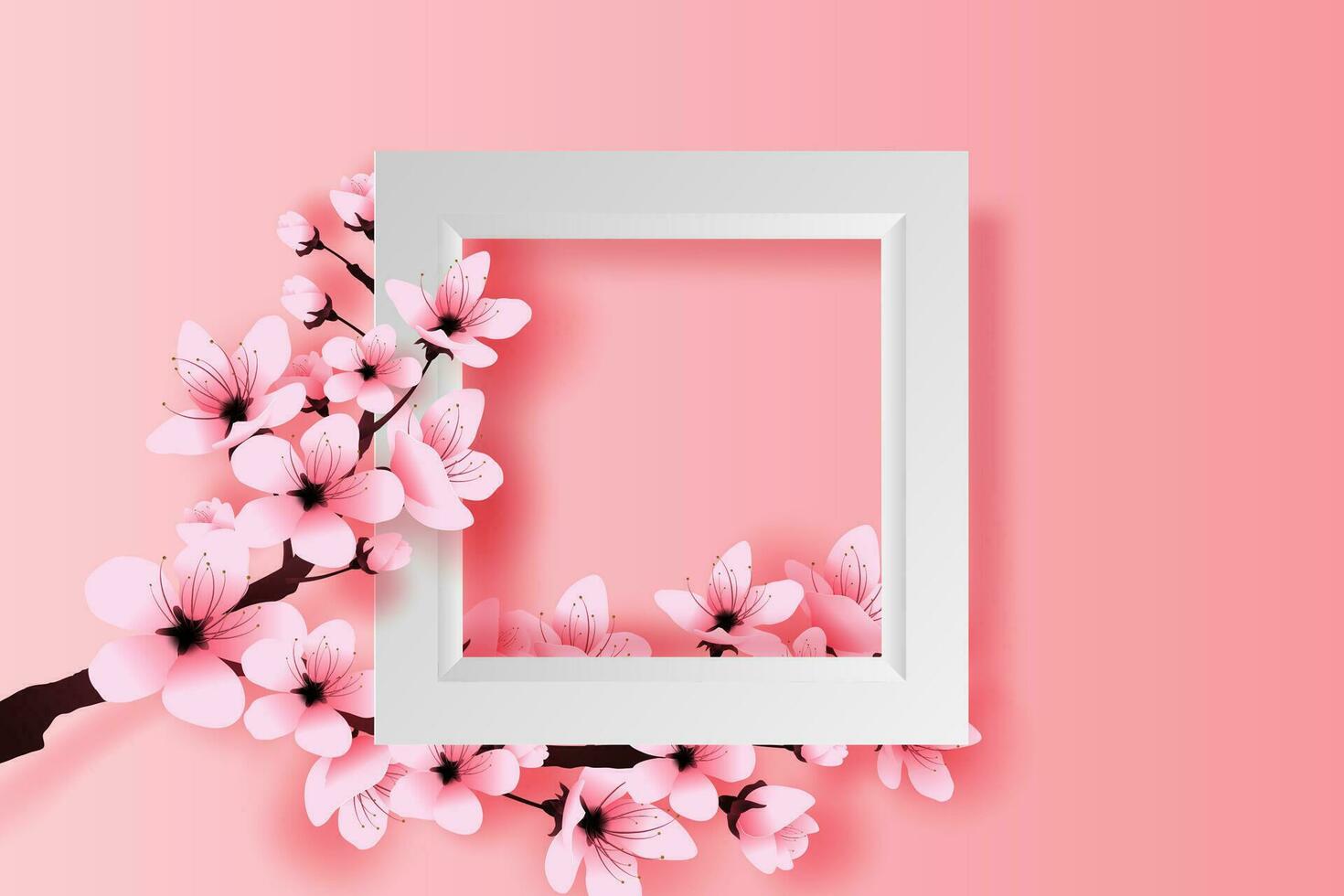 illustratie van papier kunst en ambacht wit kader voorjaar seizoen kers bloesem begrip, lente met sakura tak, bloemen kers bloesem met roze bloemen Aan plaats tekst ruimte roze achtergrond, vector. vector