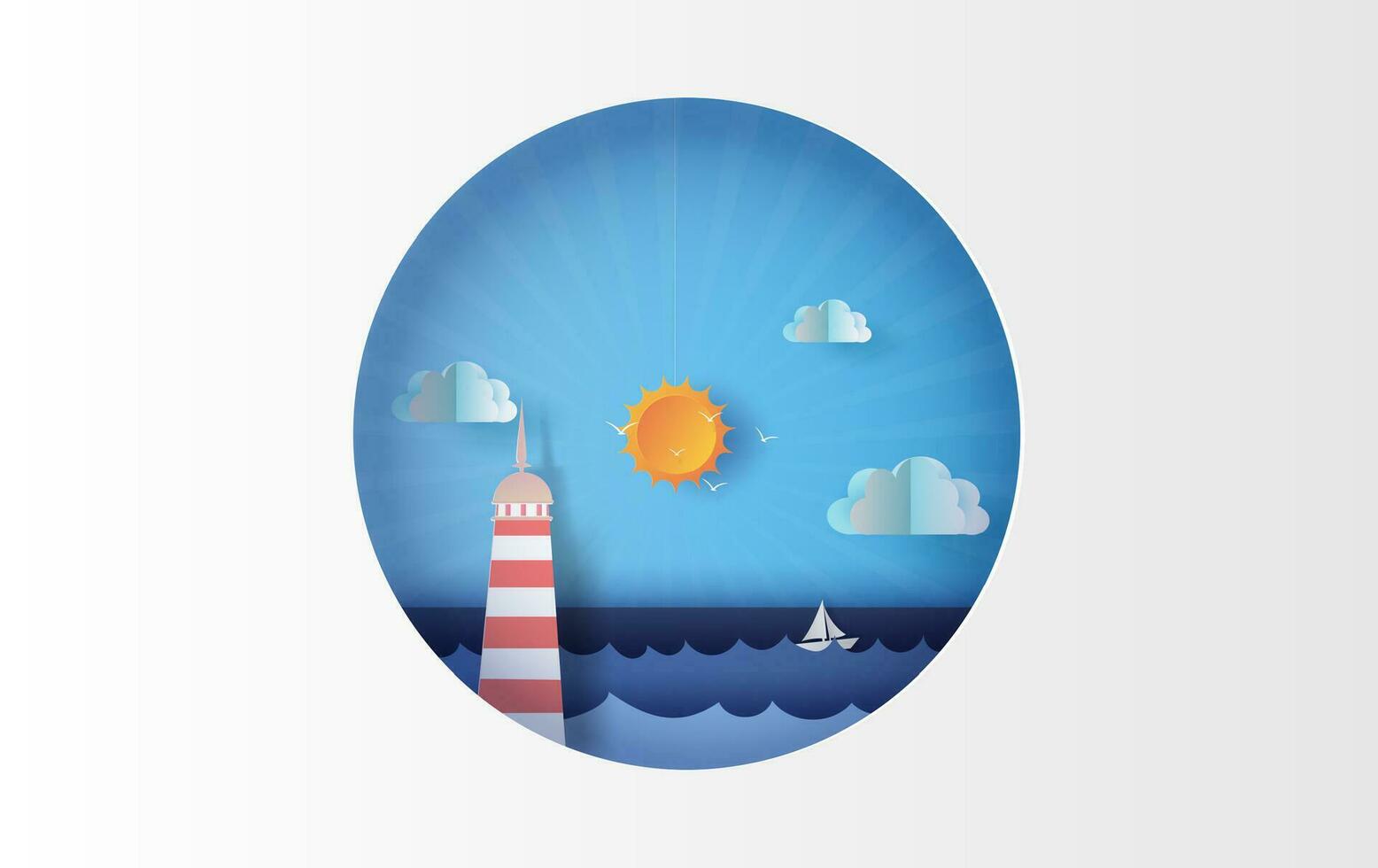 3d illustratie van eiland met vuurtoren verlichting boot Aan zee visie Bij zonlicht Aan lucht cirkel begrip, vakantie zomer tijd seizoen grafisch ontwerp gemakkelijk cirkel kust, papier ambacht en knip.vector.eps10. vector