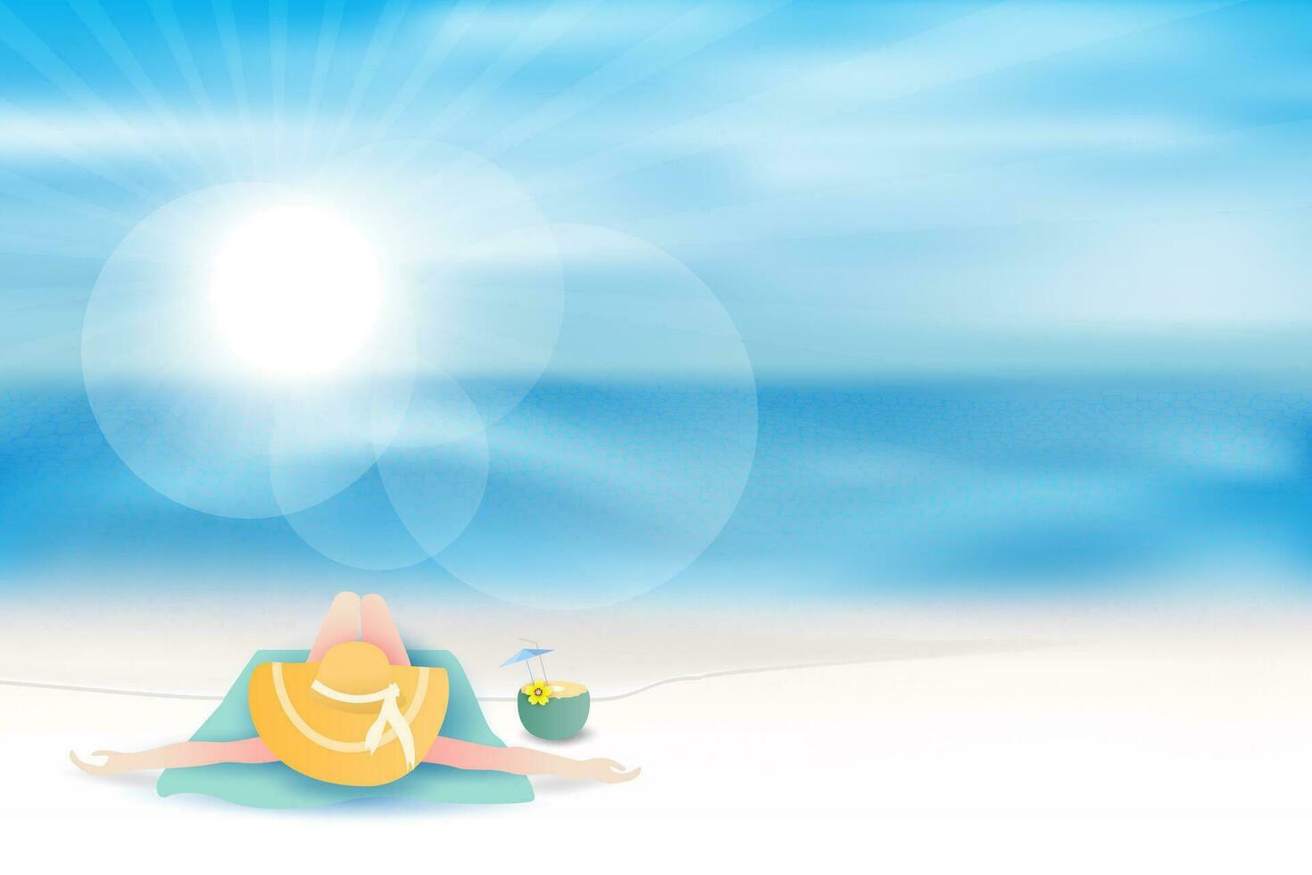 illustratie van achterzijde visie jong Dames sexy vervelend geel hoed en bikini zonnen Aan tropisch strand met zee en hemel.vrouw ontspannende slaap Aan de zon.papier besnoeiing en ambacht zomertijd seizoen.vector. vector