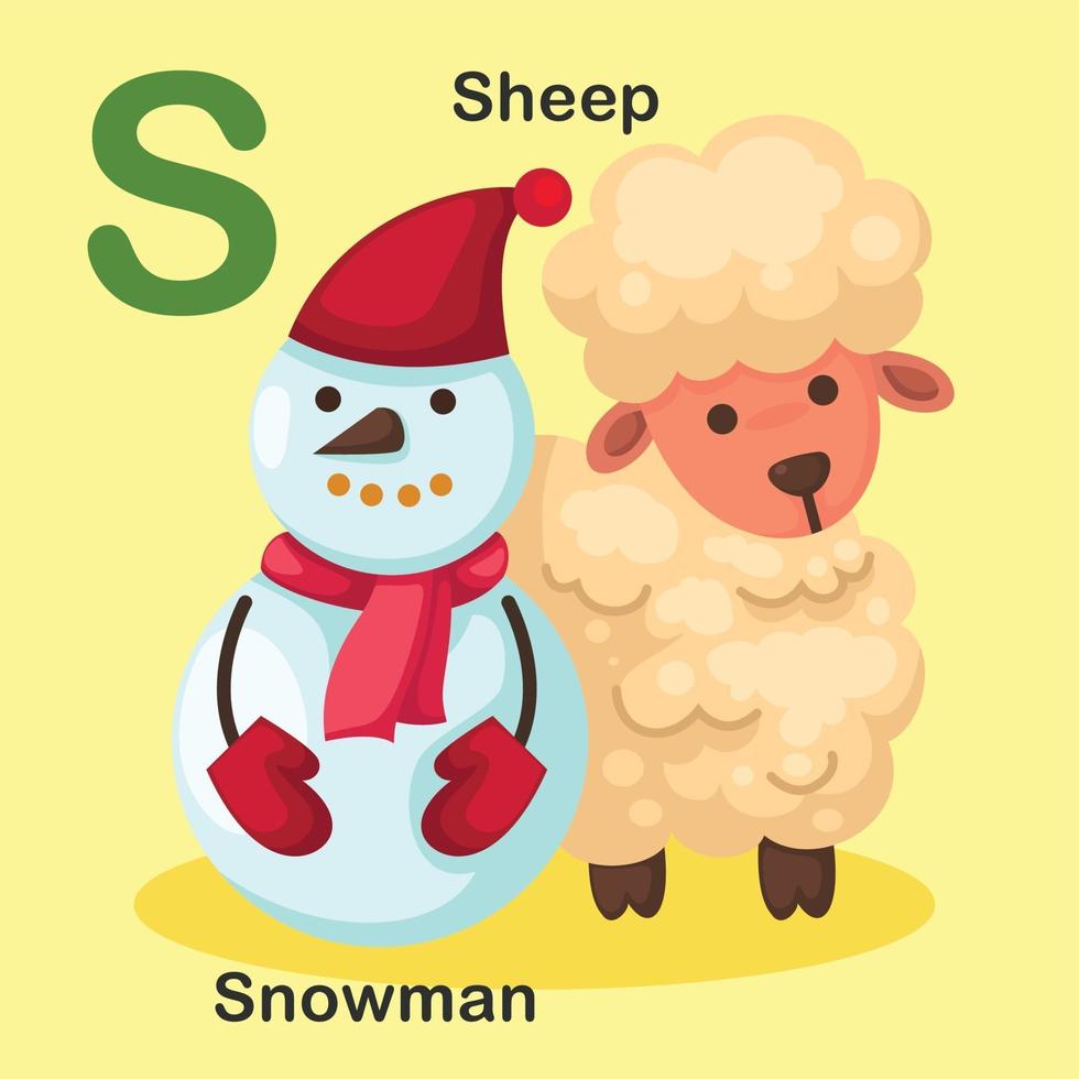 illustratie geïsoleerd dier alfabet letter s-sneeuwman, schapen vector