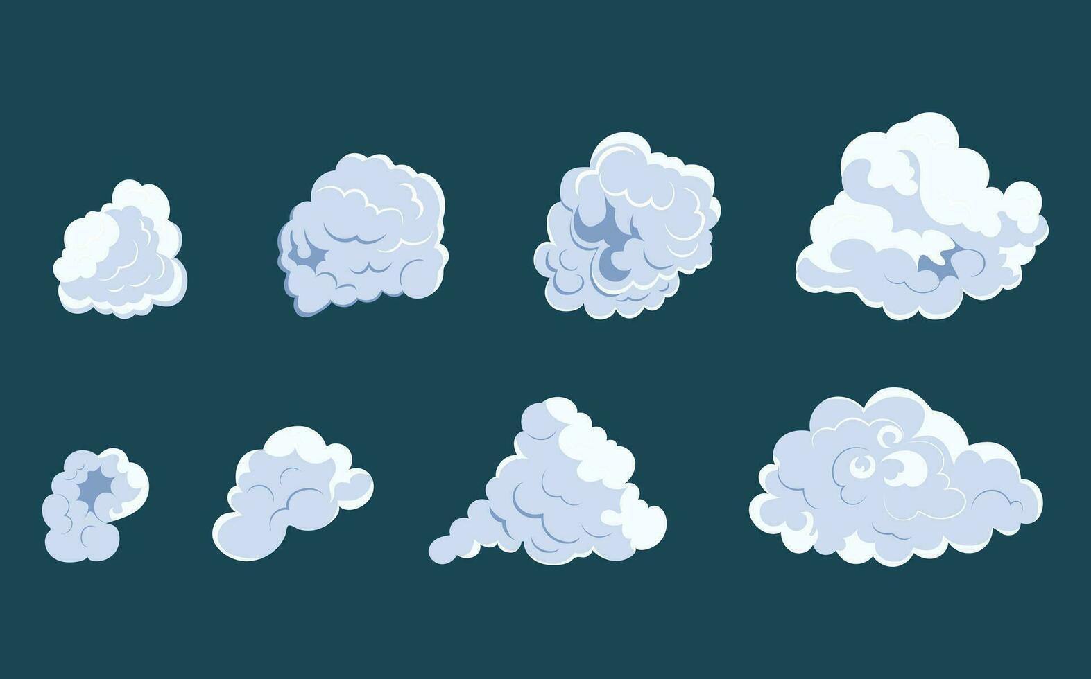 rook explosie animatie van een explosie met grappig vliegend wolken. reeks van geïsoleerd vector illustraties naar creëren een explosie effect. de effect van rook beweging, fonkeling en dynamisch boom.