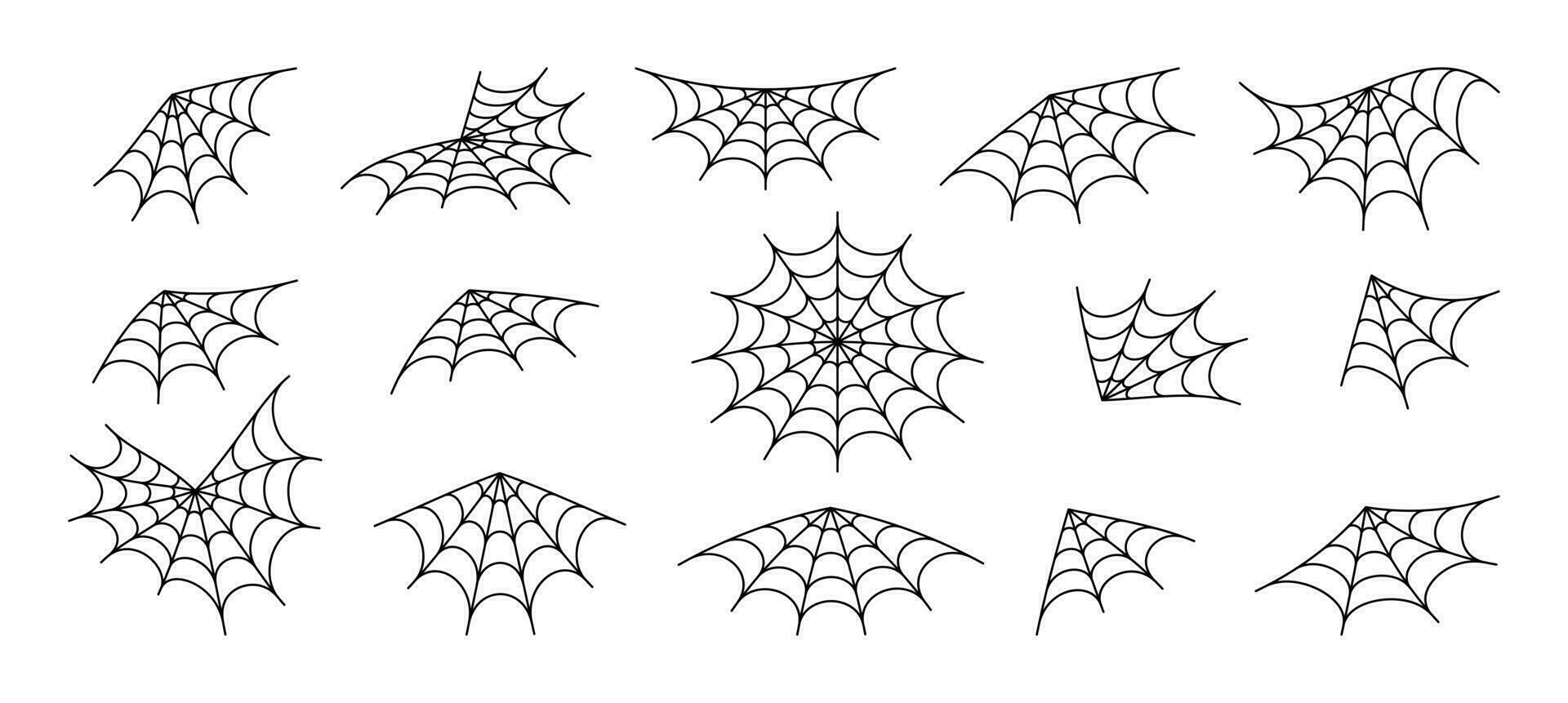 spinnenweb ornamentiek variëteiten set. kleverig zwart maas patroon met halloween partij ornament. verschrikking val van verstrengeling gevaarlijk vector lijnen