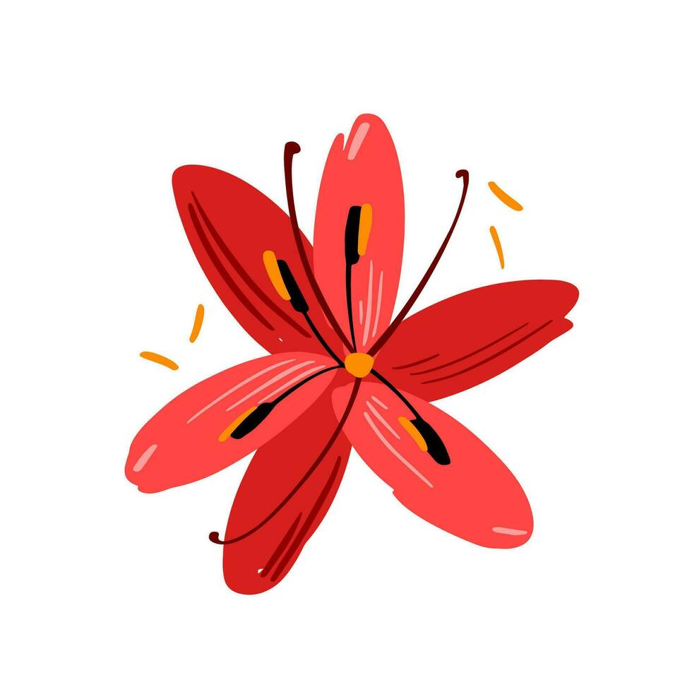 mooi rood kleur bloem met vliegend stuifmeel meeldraden in de buurt. vector gemakkelijk helder kleur botanisch element voor decoratie. bloemen ontwerp.