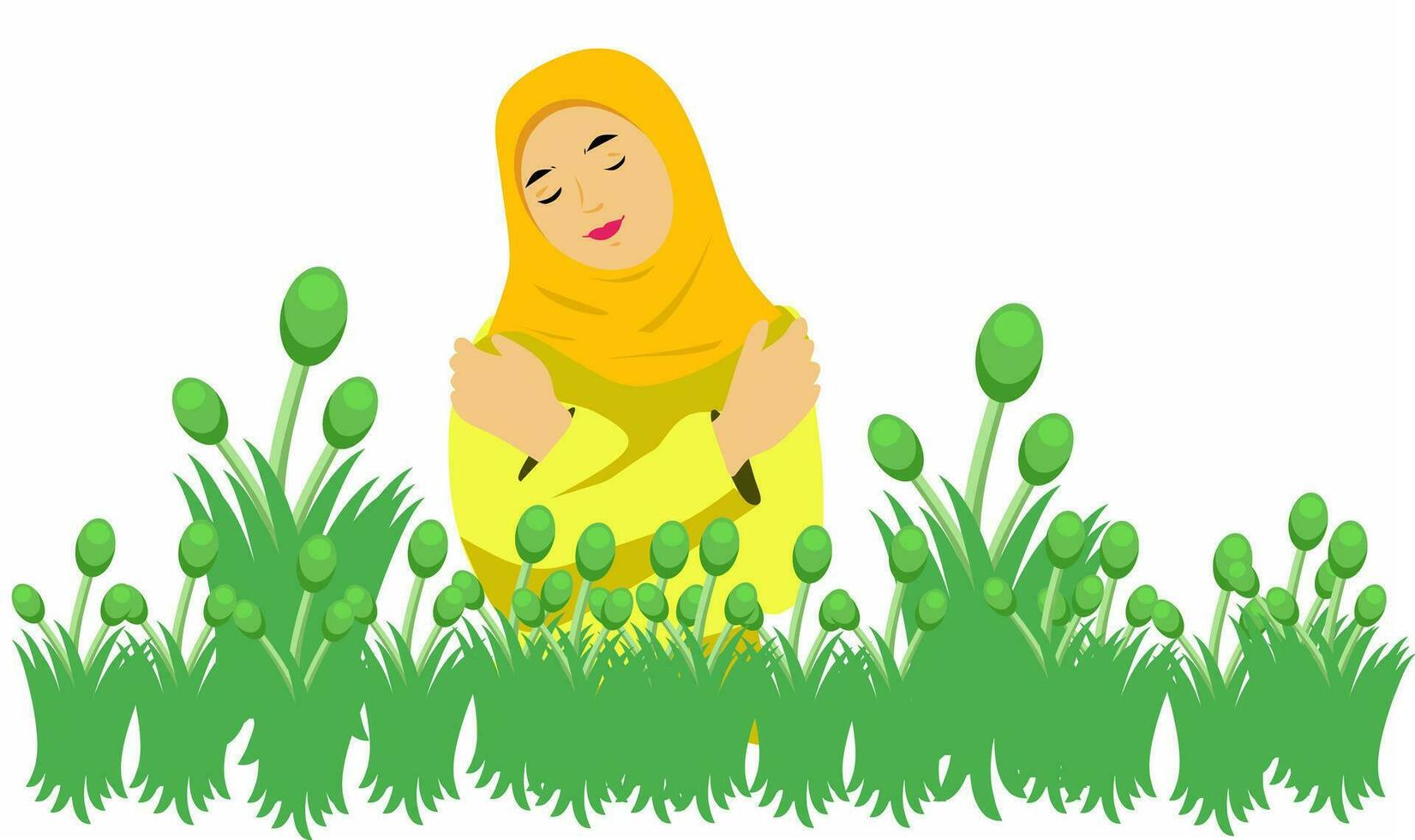 vector illustratie, een moslim vrouw is in een bloem tuin met geïsoleerd wit achtergrond