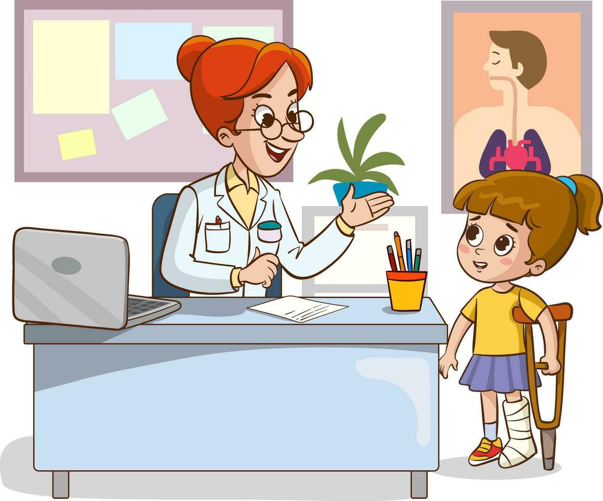 dokter en ziek kinderen pratend vector illustratie.meisje kind met gebroken been