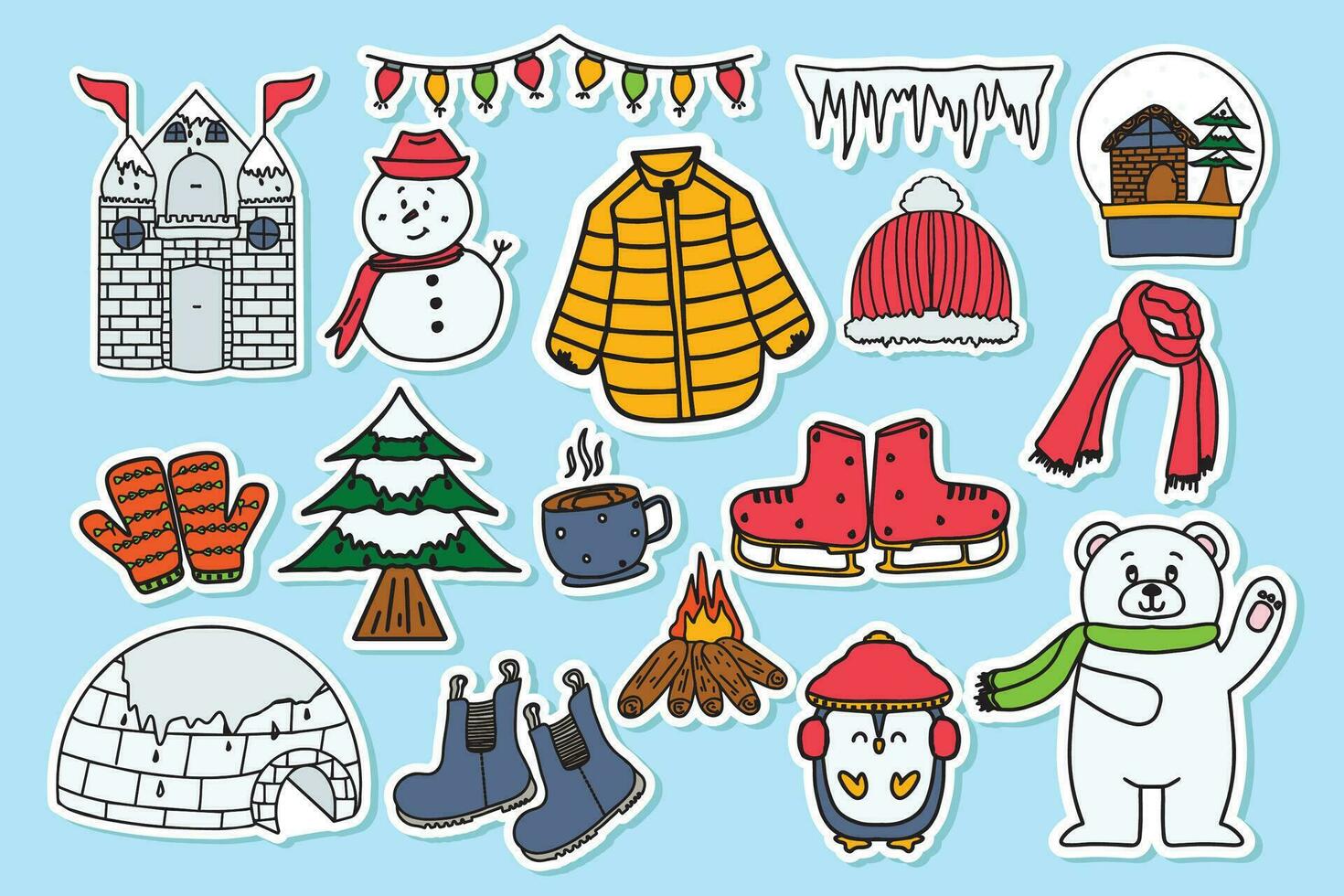 winter sticker verzameling, winter tekening, winter en kerstmis, Kerstmis en gelukkig nieuw jaar vector