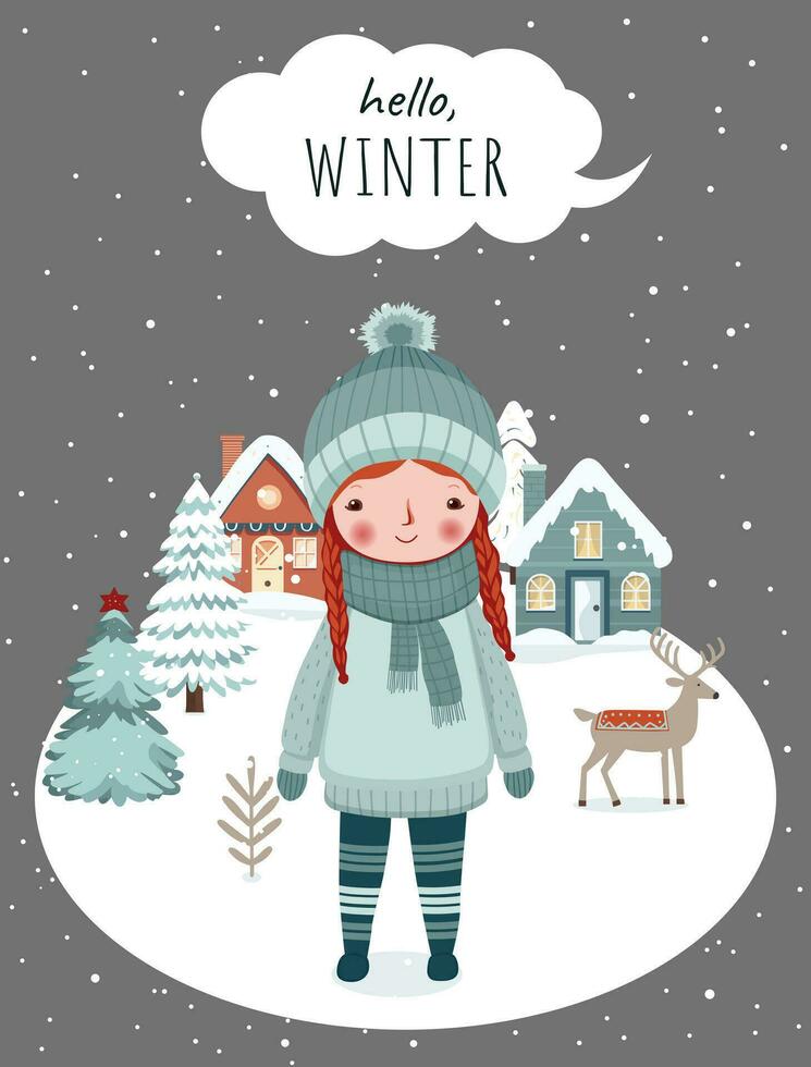 winter poster met meisje, besneeuwd bomen, huis. Kerstmis kaart voor evenement uitnodiging, bon. winters scènes. vector