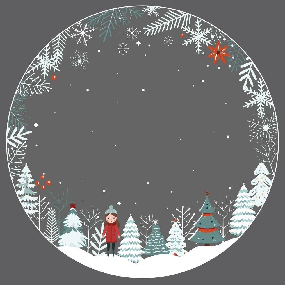 Kerstmis kaart, kader met sneeuwvlokken, bomen. nieuw jaar, vrolijk chrisrmas sjabloon. winter concept in scandi stijl. vector