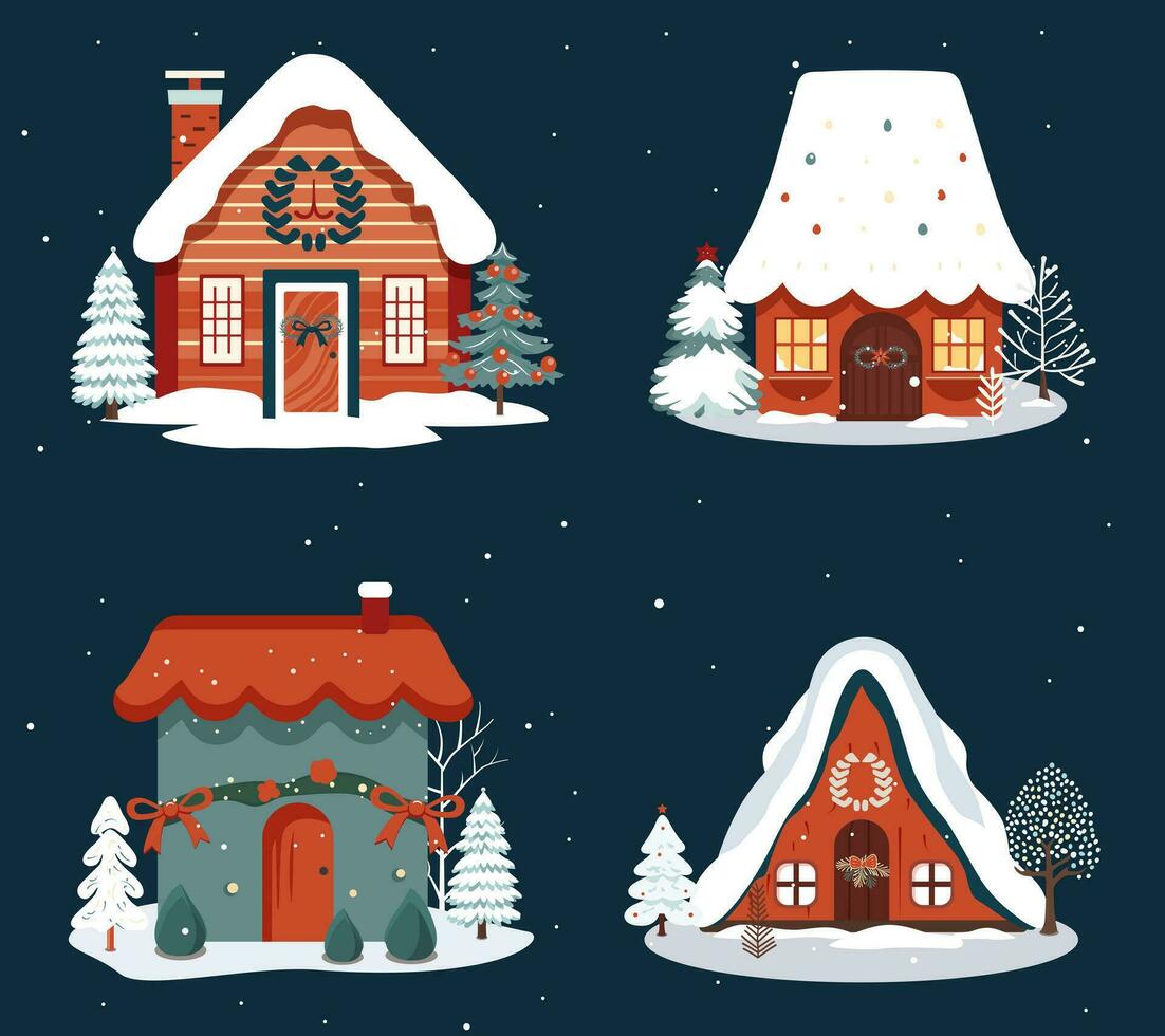 reeks van hand- getrokken huizen. scandi Kerstmis illustratie, schattig huizen in tekenfilm stijl. vector