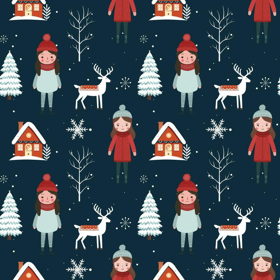 winter naadloos patroon met meisjes, huis, besneeuwd bomen. Kerstmis vector patroon. winter achtergrond ontwerp.