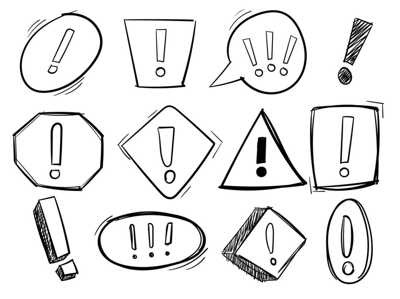 hand- getrokken alarm teken set. kattebelletje tekening uitroep punt, waarschuwing teken vector