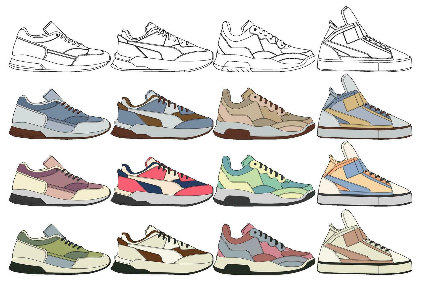 reeks van sportschoenen illustratie in kleurrijk tekeningen, sportschoenen vector lijn kunst geïsoleerd, bundelen schoen illustratie sjabloon.