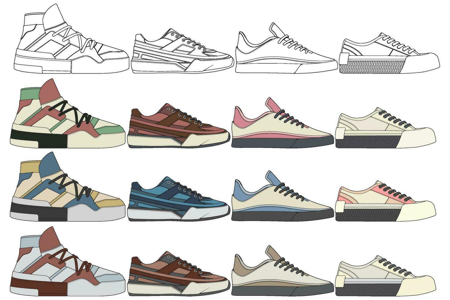 reeks van sportschoenen illustratie in kleurrijk tekeningen, sportschoenen vector lijn kunst geïsoleerd, bundelen schoen illustratie sjabloon.