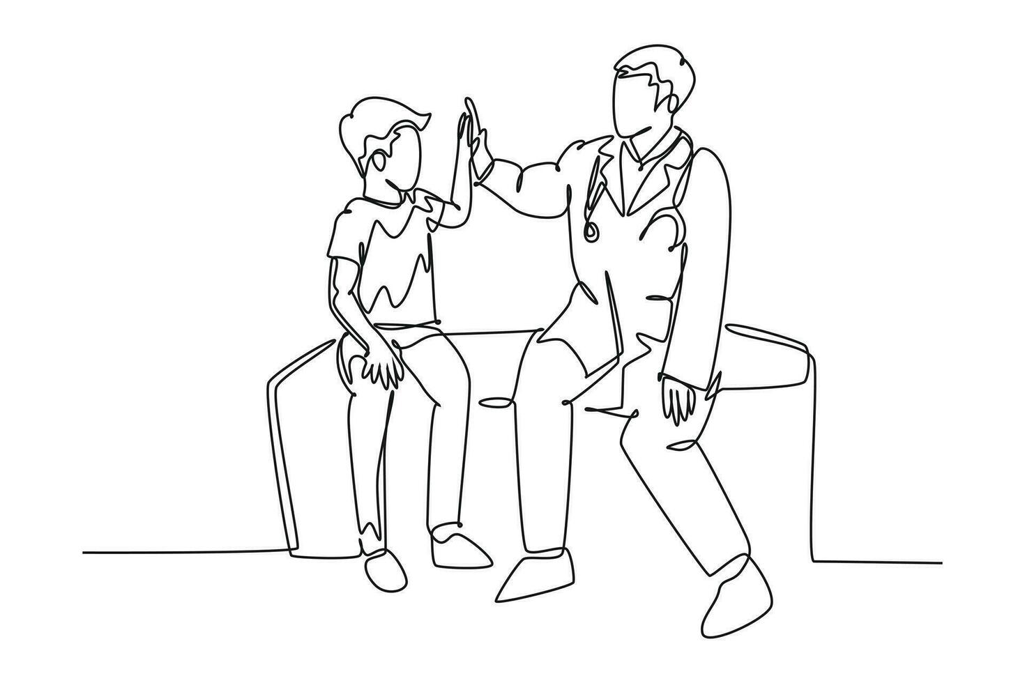 single doorlopend lijn tekening jong gelukkig mannetje dokter controle omhoog ziek geduldig jongen en geven hoog vijf gebaar. medisch gezondheidszorg onderhoud behandeling. een lijn trek grafisch ontwerp vector illustratie