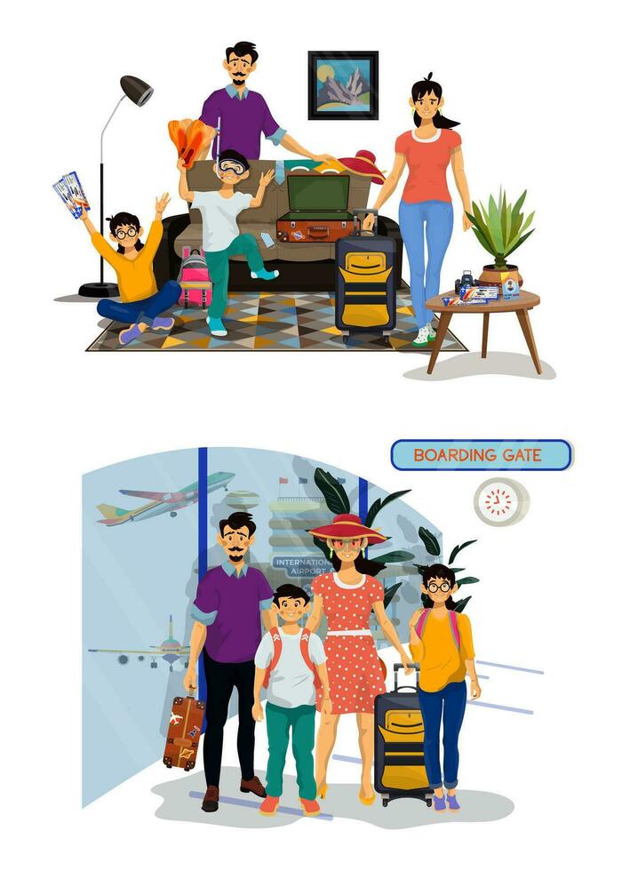 illustratie van gelukkig familie gaan naar reizen. inpakken koffers Bij huis. familie in luchthaven. vector