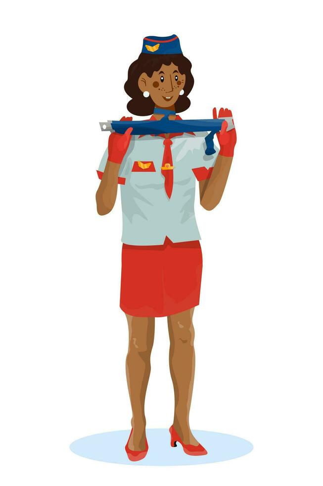 vector illustratie van vrouw stewardess wie shows hoe naar vastmaken stoel riem.