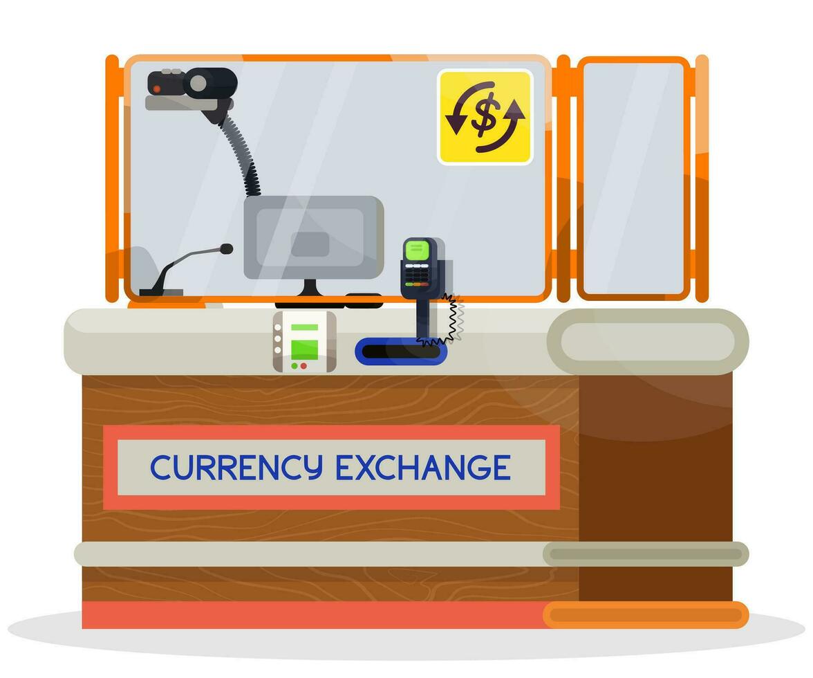 tekenfilm illustratie van luchthaven valuta uitwisseling bureau Aan wit geïsoleerd achtergrond. vector