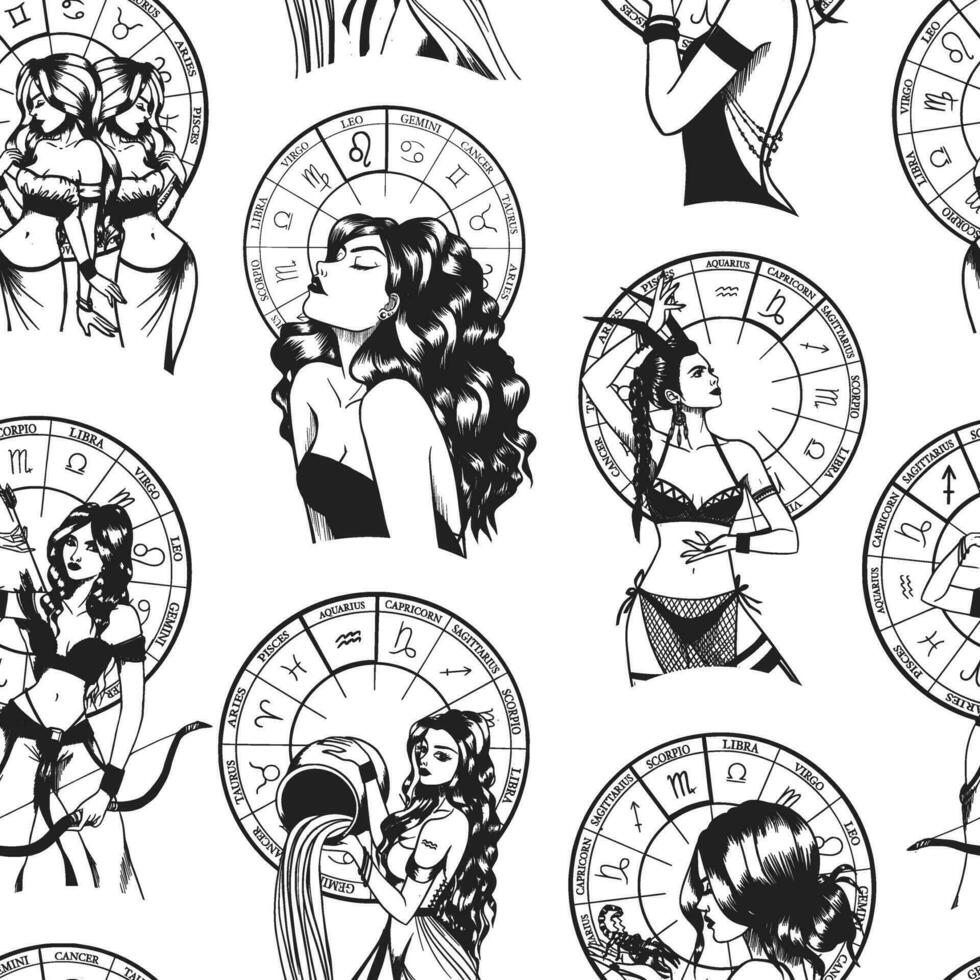 naadloos patroon met hand- getrokken monochroom kunsten van mooi vrouw met astrologisch tekens. vector