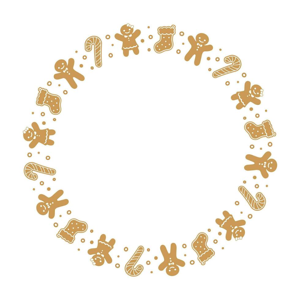 ronde peperkoek koekjes kader grens, Kerstmis winter vakantie grafiek. eigengemaakt snoepgoed patroon, kaart en sociaal media post sjabloon Aan wit achtergrond. geïsoleerd vector illustratie.