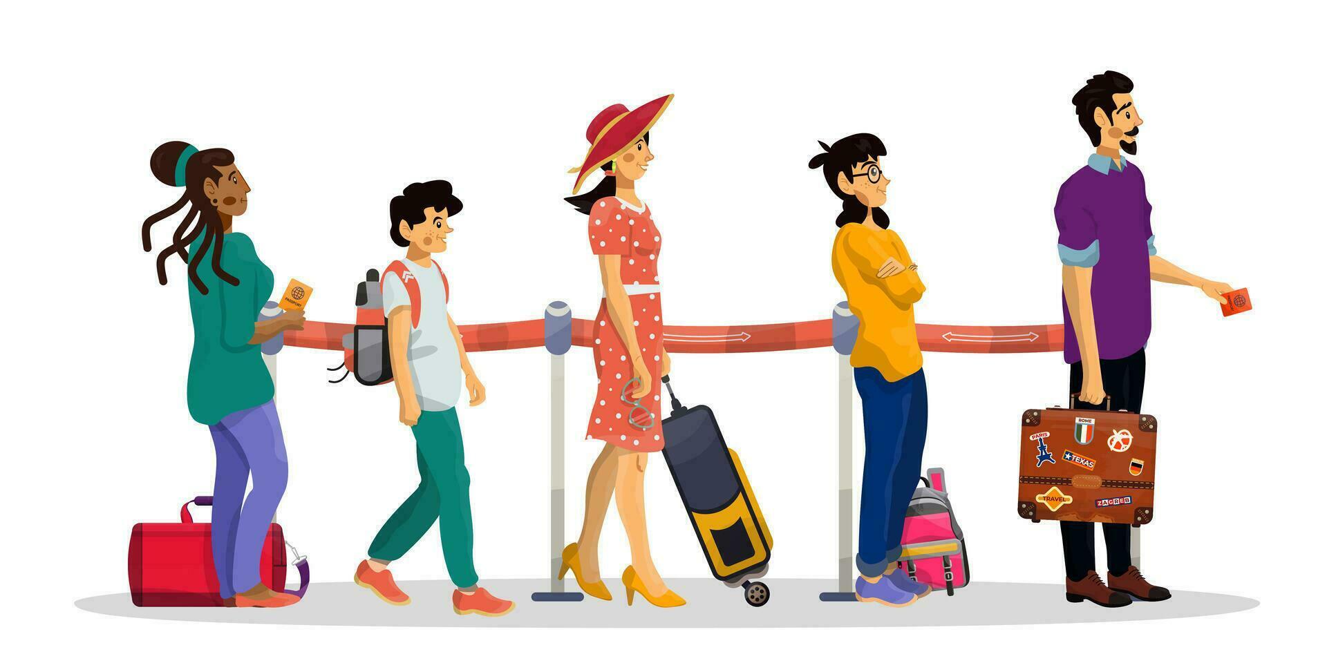 vector tekenfilm illustratie van wachtrij in luchthaven of spoorweg station. familie concept.