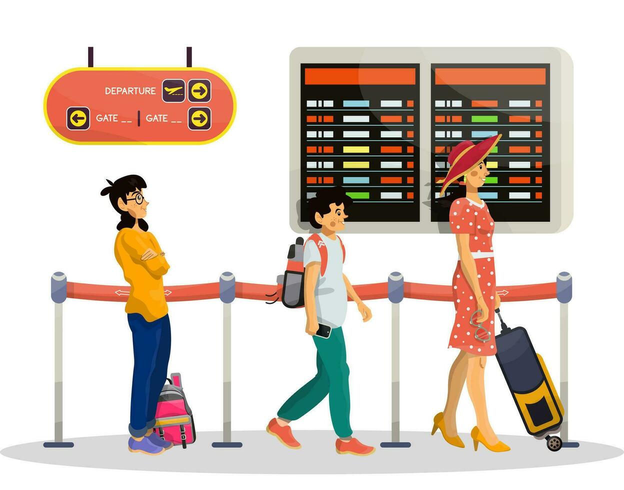 vector tekenfilm illustratie van wachtrij in luchthaven of spoorweg station. familie concept.