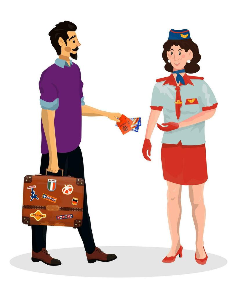 vector tekenfilm illustratie van vrouw stewardess wie controleren kaartjes van passagiers in een luchthaven.