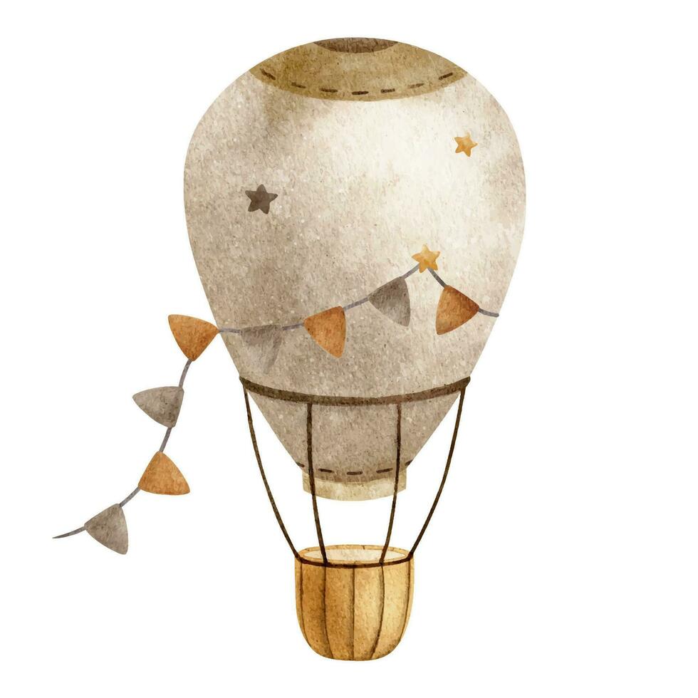 beige heet lucht ballon met mand en slinger van vlaggen. schattig baby vliegtuig met vaandels. waterverf illustratie. geïsoleerd. voor kinderen goederen, kleren, ansichtkaarten, baby douche en kinderen kamer vector