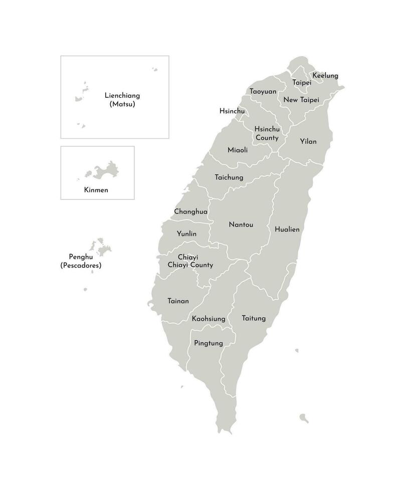 vector geïsoleerd illustratie van vereenvoudigd administratief kaart van Taiwan, republiek van China roc. borders en namen van de provincies, Regio's. grijs silhouetten. wit schets