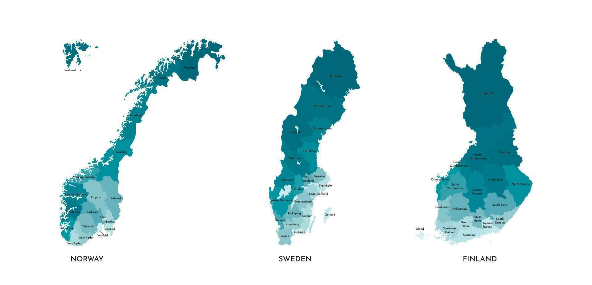 vector geïsoleerd illustratie van vereenvoudigd administratief kaarten van Noorwegen, Zweden, Finland. borders en namen van de Regio's, echt proportie van staten in relatie naar elk andere zijn verschillend