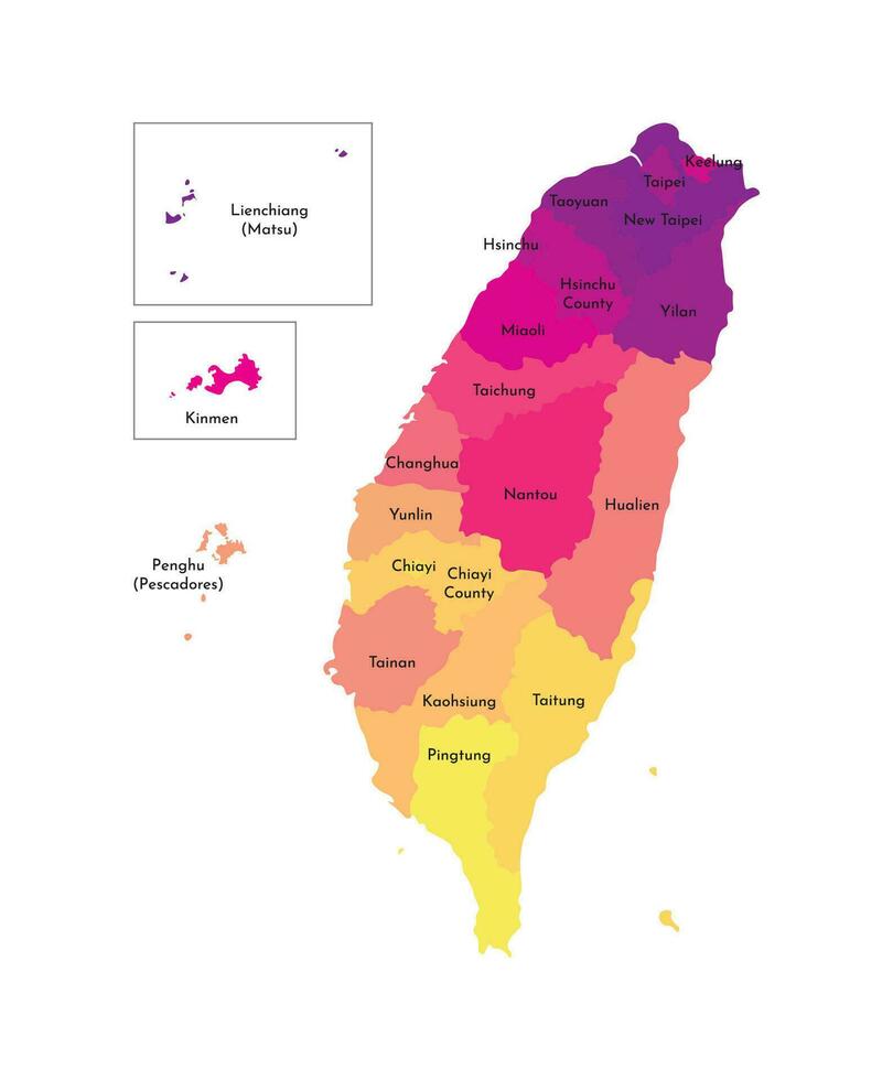 vector geïsoleerd illustratie van vereenvoudigd administratief kaart van Taiwan, republiek van China roc. borders en namen van de Regio's. multi gekleurde silhouetten.