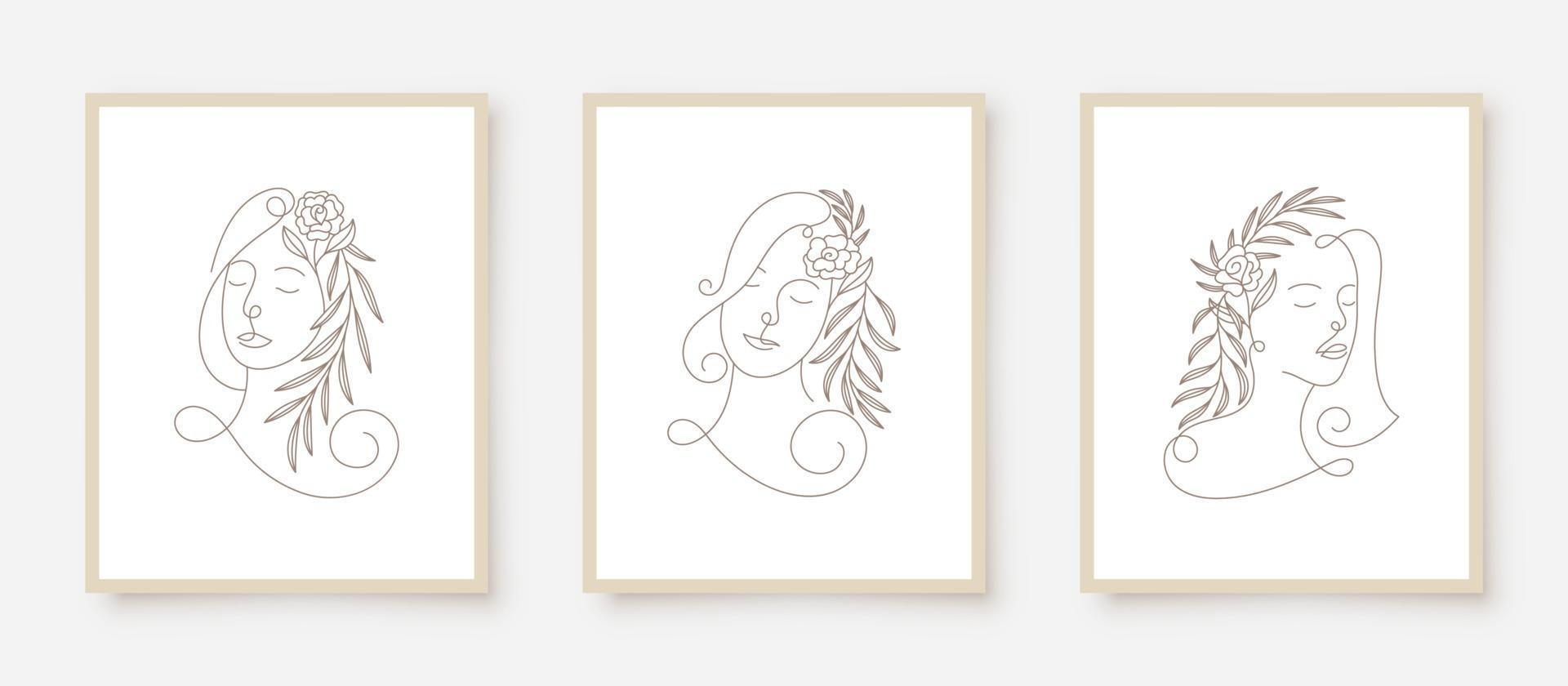 schoonheid vrouw gezichten in lijn kunst bloemen frame vector