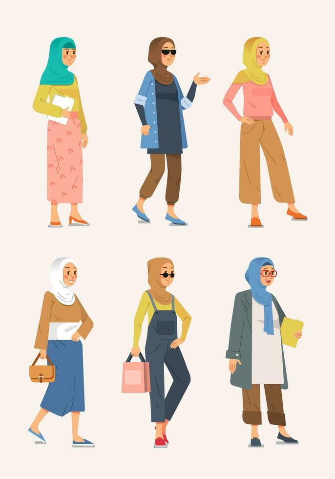 reeks van moslim hijab stijl kleding referenties voor jong en volwassen Dames vector illustratie