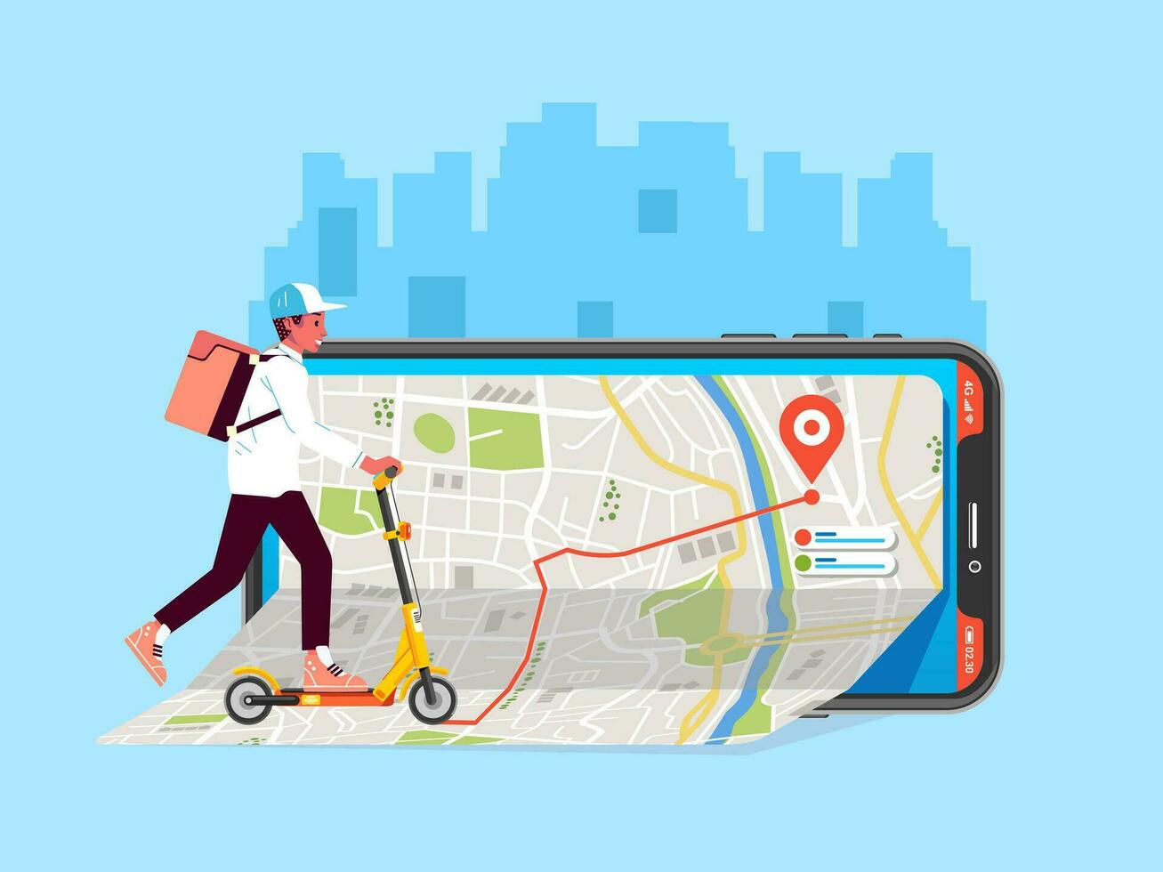 Mens dragers Aan mobiel app levering Diensten rijden elektrisch scooters en pakket doos volgen routes kaart concept vector
