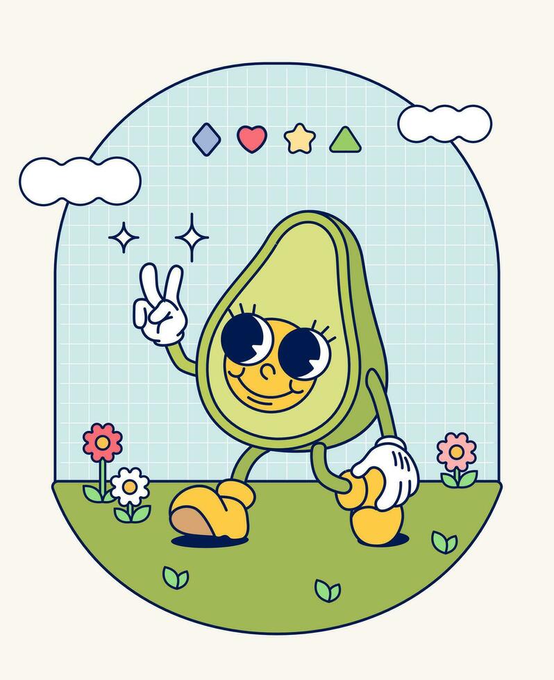 hand- trek grappig retro wijnoogst modieus avocado tekenfilm karakter hedendaags illustratie tekening grappig verzameling vector