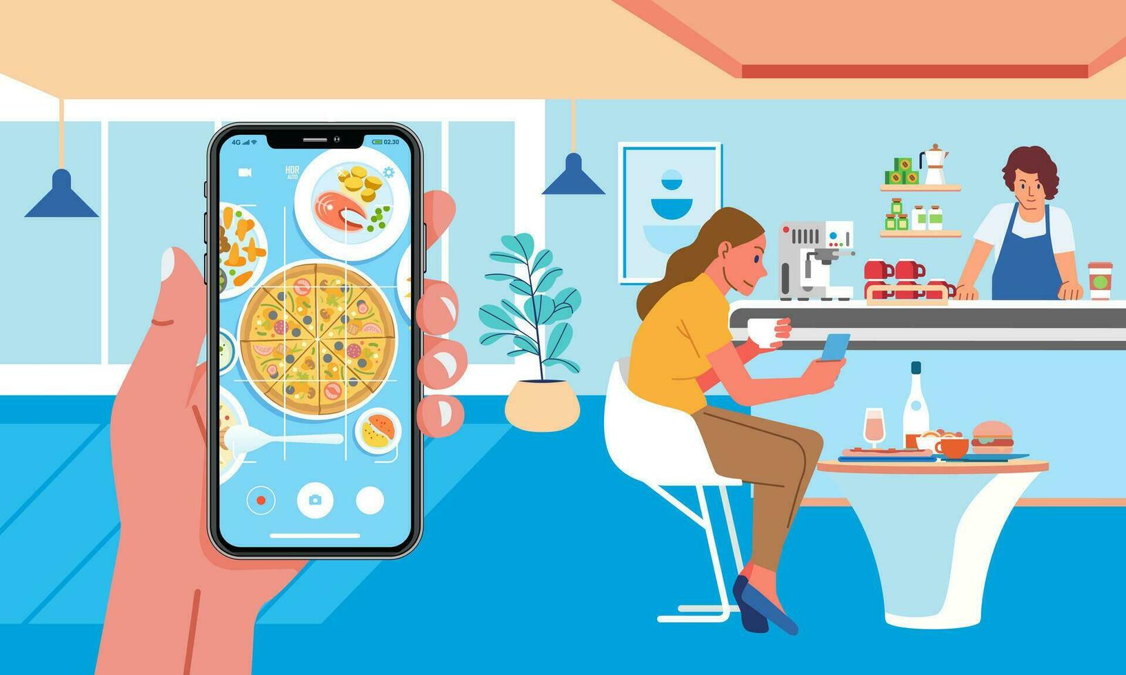 cafe interieur vrouw dineren en hand- houden telefoon nemen avondeten voedsel foto in modern koffiehuis. barista en klant in koffie winkel vector