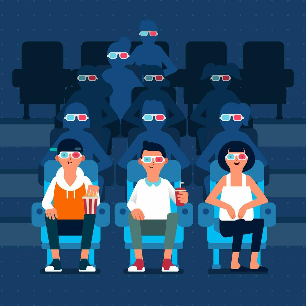 mensen aan het kijken 3d film in bioscoop. vlak stijl vectore illustratie vector