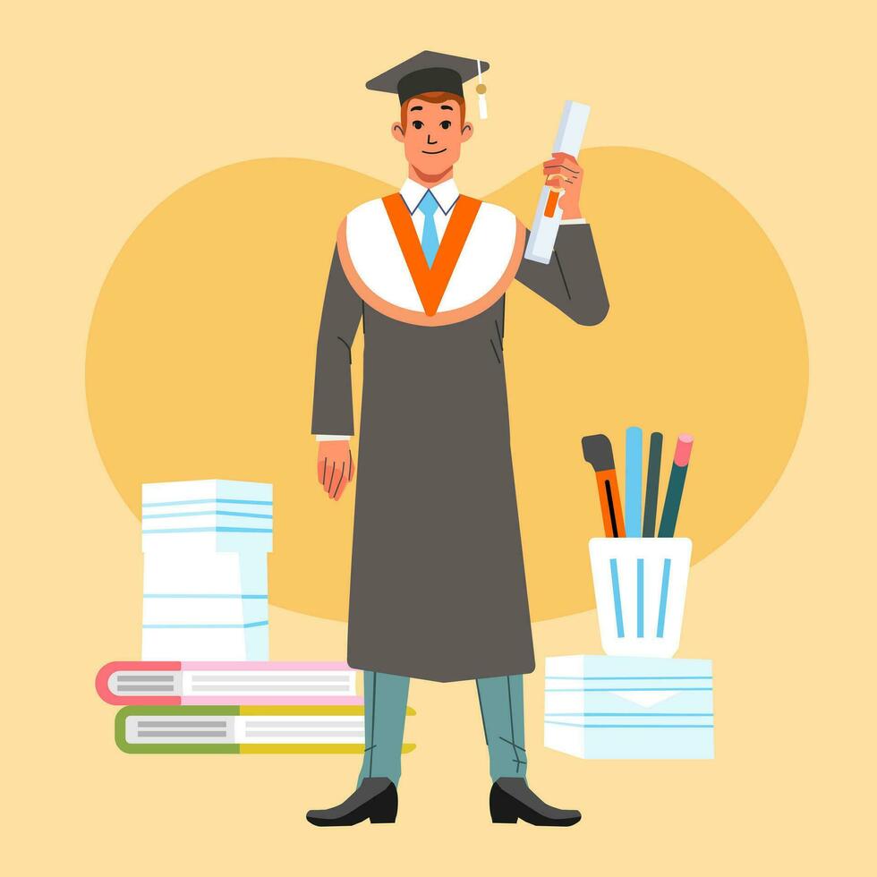 succes Mens afstuderen studenten staand Aan boek en kantoor schrijfbehoeften achtergrond vlak stijl vector illustratie