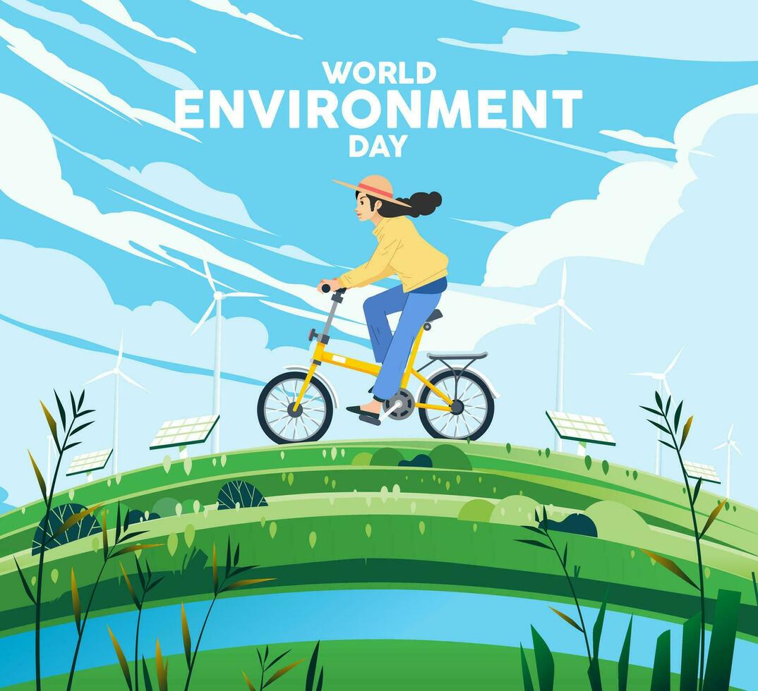 woord milieu dag. vrouw rijden een fiets over- groen heuvels met energie velden duurzame hernieuwbaar energie, zonne- paneel, wind turbine vector