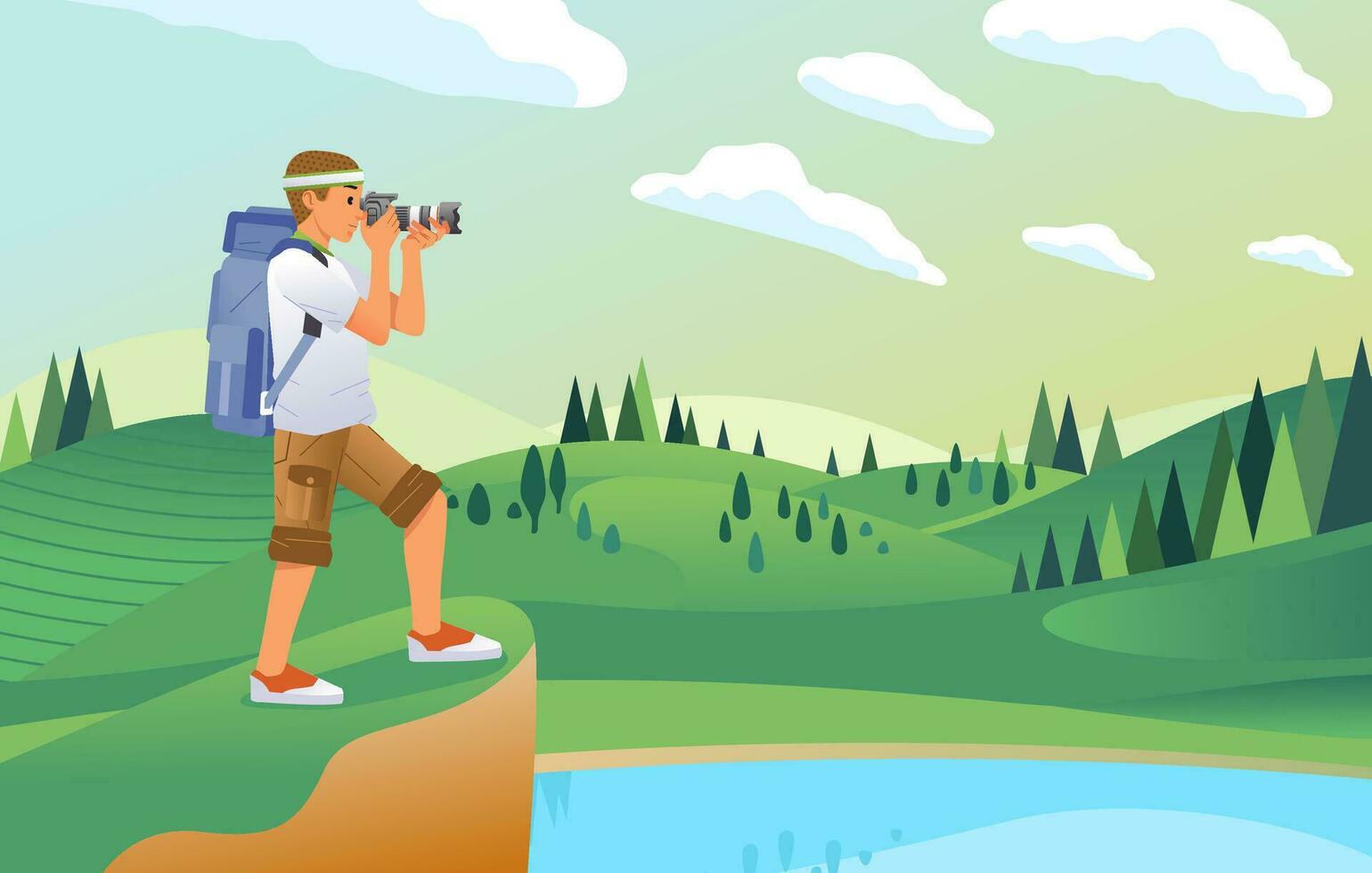 jong Mens fotograaf nemen een afbeelding van mooi landschap van heuvel met Woud, meer en groen veld- vector illustratie