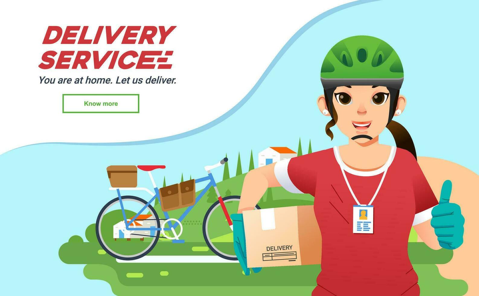 bezorging onderhoud courrier meisje Bezig met verzenden pakket met fiets, Dames bezorging bedrijf mascotte met landschap net zo achtergrond vector illustratie