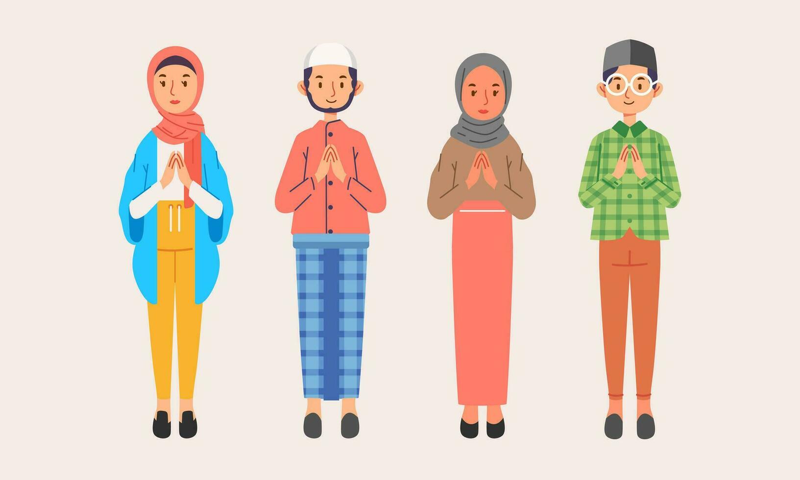 moslim jong mensen groep Mens Dan vrouw excuses aanbieden karakter Ramadhan eid mubarak vector
