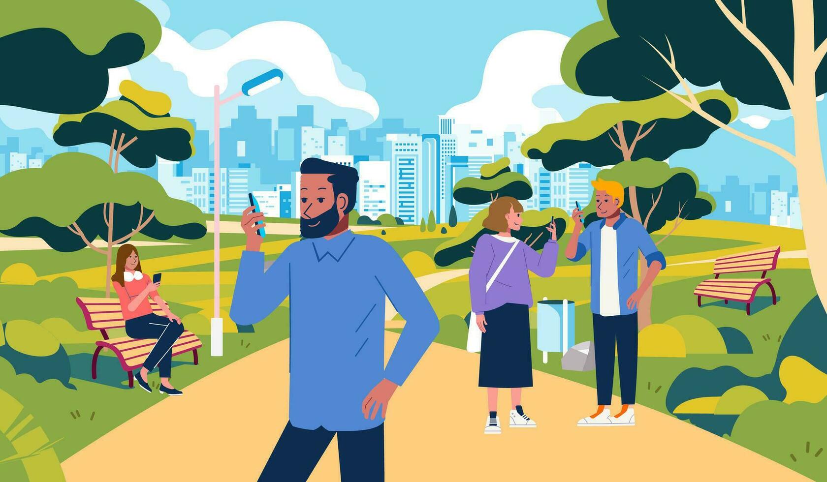 mensen chillen Bij park maar bezig met hun eigen smartphone, park buitenshuis illustratie met lang stoel, bomen en stad gebouw in de achtergrond vector